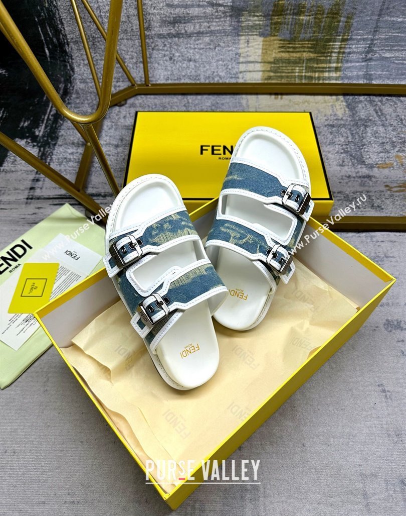 Fendi Denim Flat Slides Sandal with Buckle Blue/White 2024 0813 (MD-240813129)