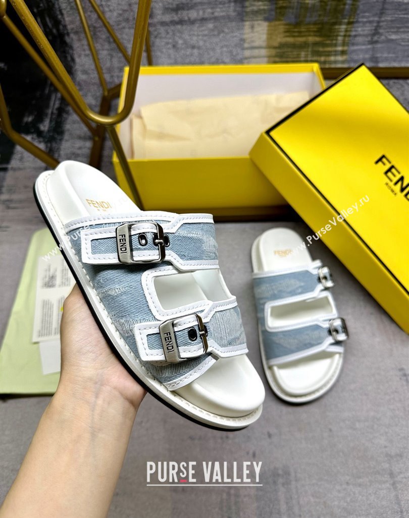 Fendi Denim Flat Slides Sandal with Buckle Pale Blue 2024 0813 (MD-240813130)