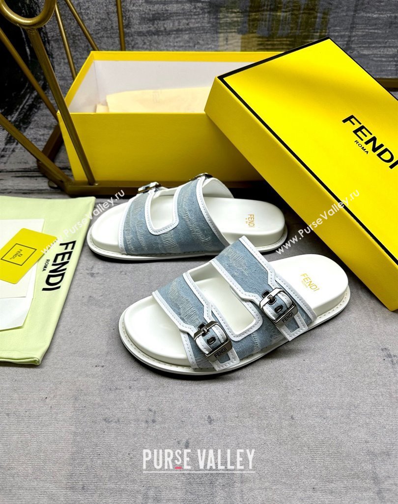 Fendi Denim Flat Slides Sandal with Buckle Pale Blue 2024 0813 (MD-240813130)