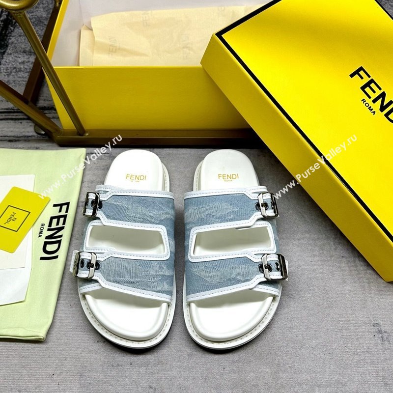 Fendi Denim Flat Slides Sandal with Buckle Pale Blue 2024 0813 (MD-240813130)