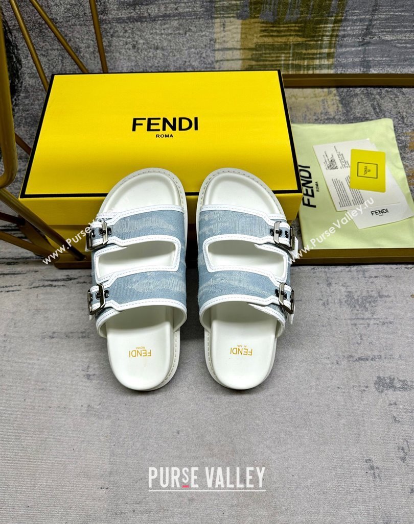 Fendi Denim Flat Slides Sandal with Buckle Pale Blue 2024 0813 (MD-240813130)