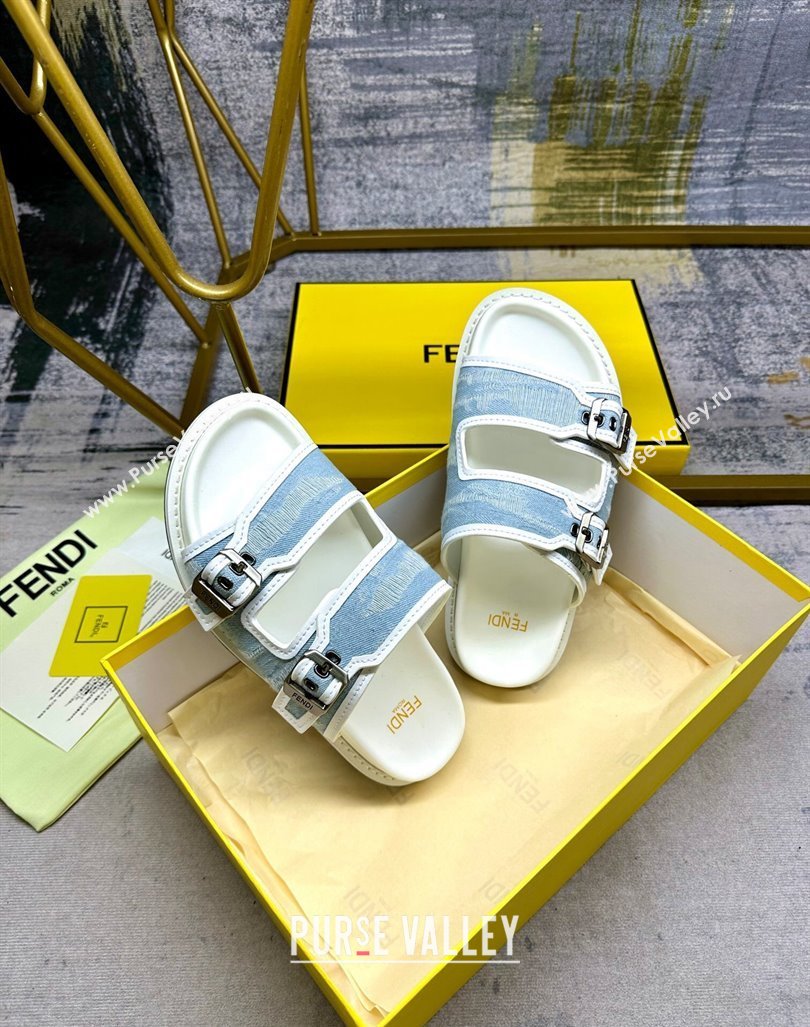 Fendi Denim Flat Slides Sandal with Buckle Pale Blue 2024 0813 (MD-240813130)