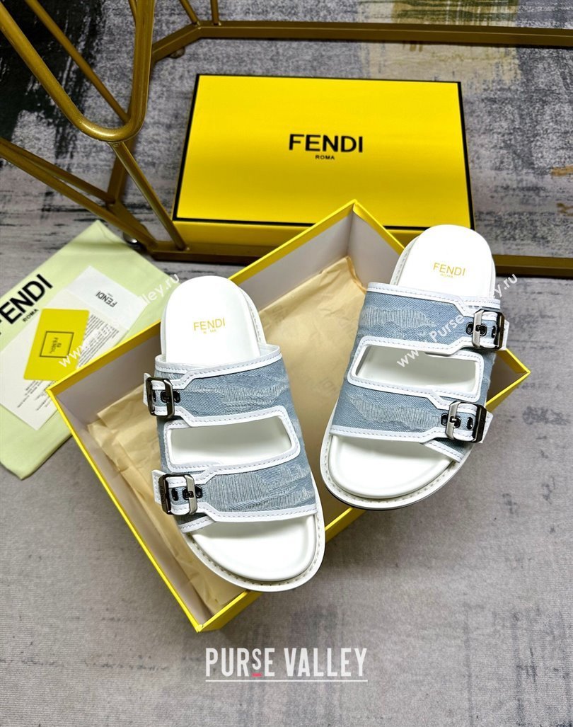 Fendi Denim Flat Slides Sandal with Buckle Pale Blue 2024 0813 (MD-240813130)