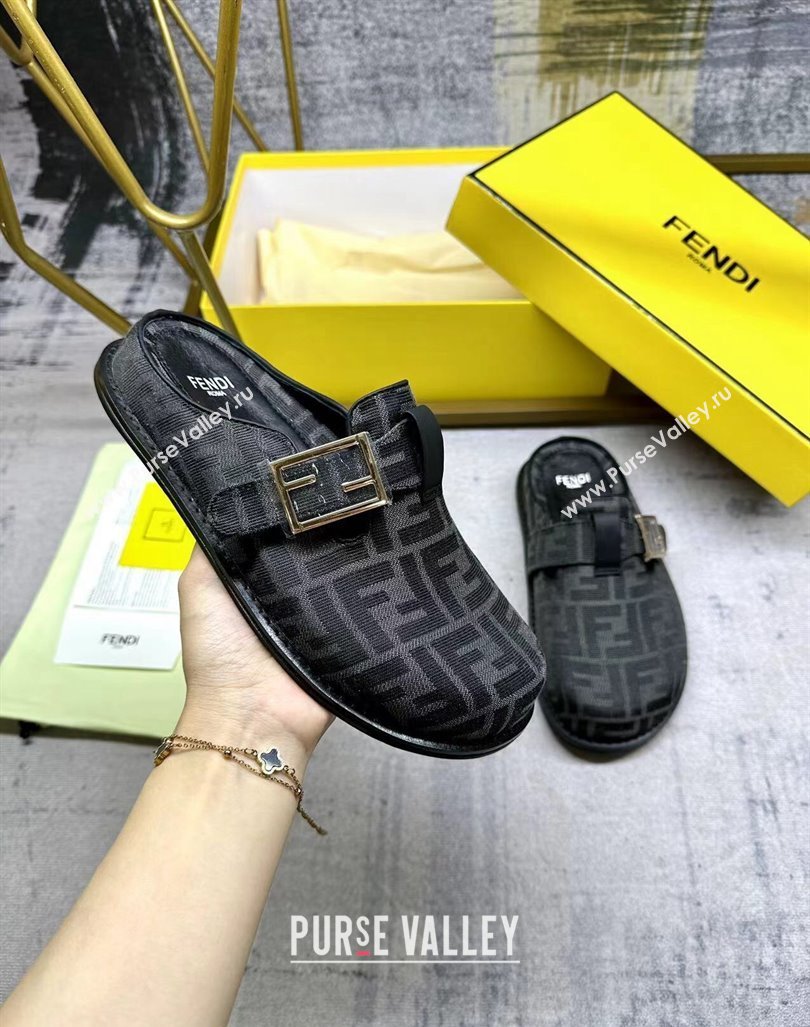 Fendi Feel Flat Mules in FF fabric with Baguette Strap Black 2024 0813 (MD-240813132)