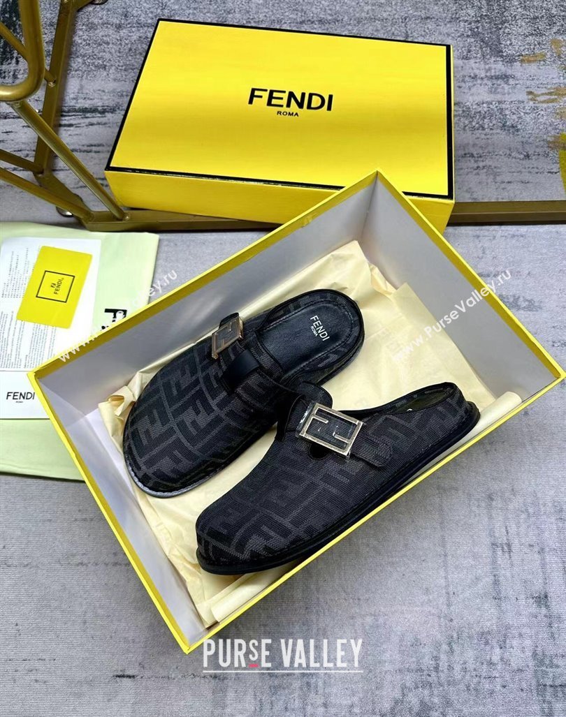 Fendi Feel Flat Mules in FF fabric with Baguette Strap Black 2024 0813 (MD-240813132)