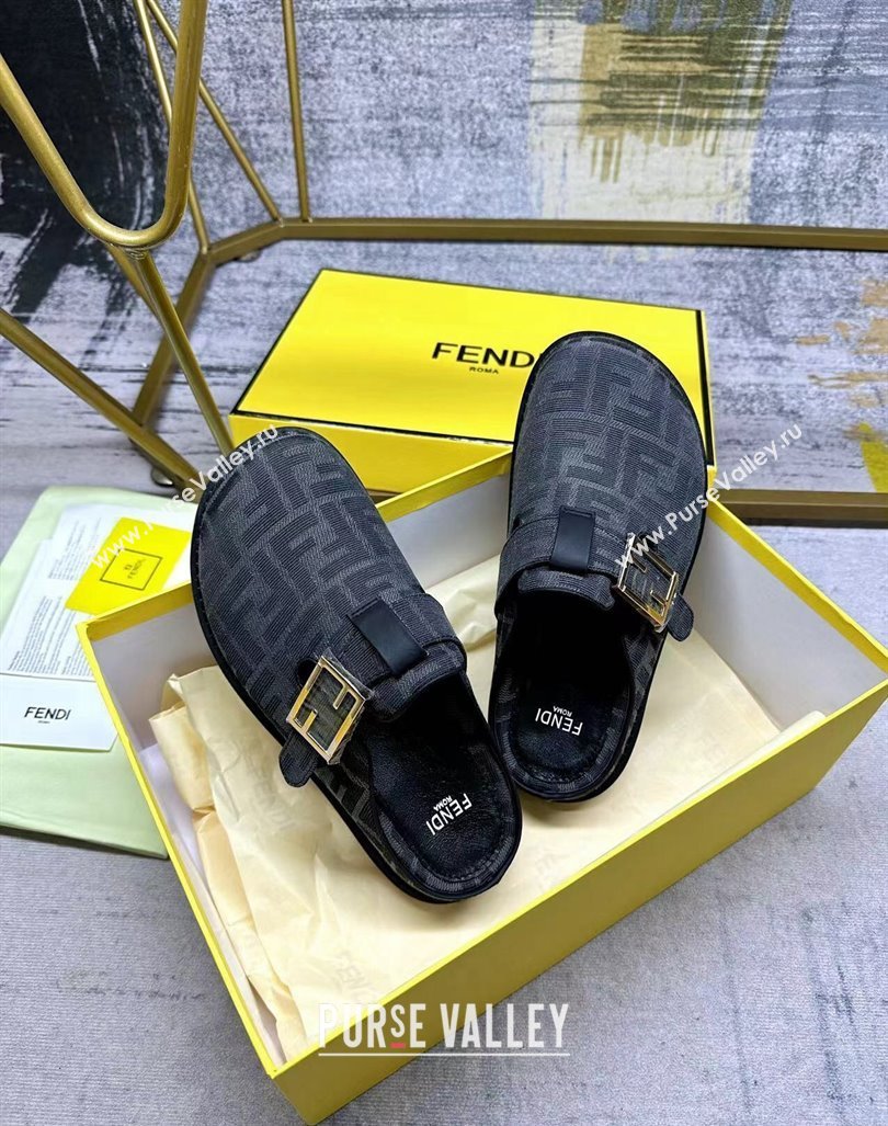 Fendi Feel Flat Mules in FF fabric with Baguette Strap Black 2024 0813 (MD-240813132)