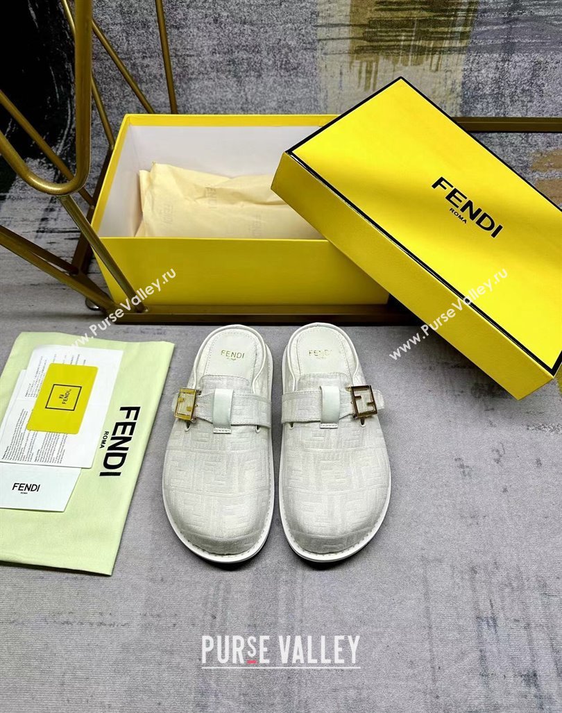 Fendi Feel Flat Mules in FF fabric with Baguette Strap White 2024 0813 (MD-240813133)