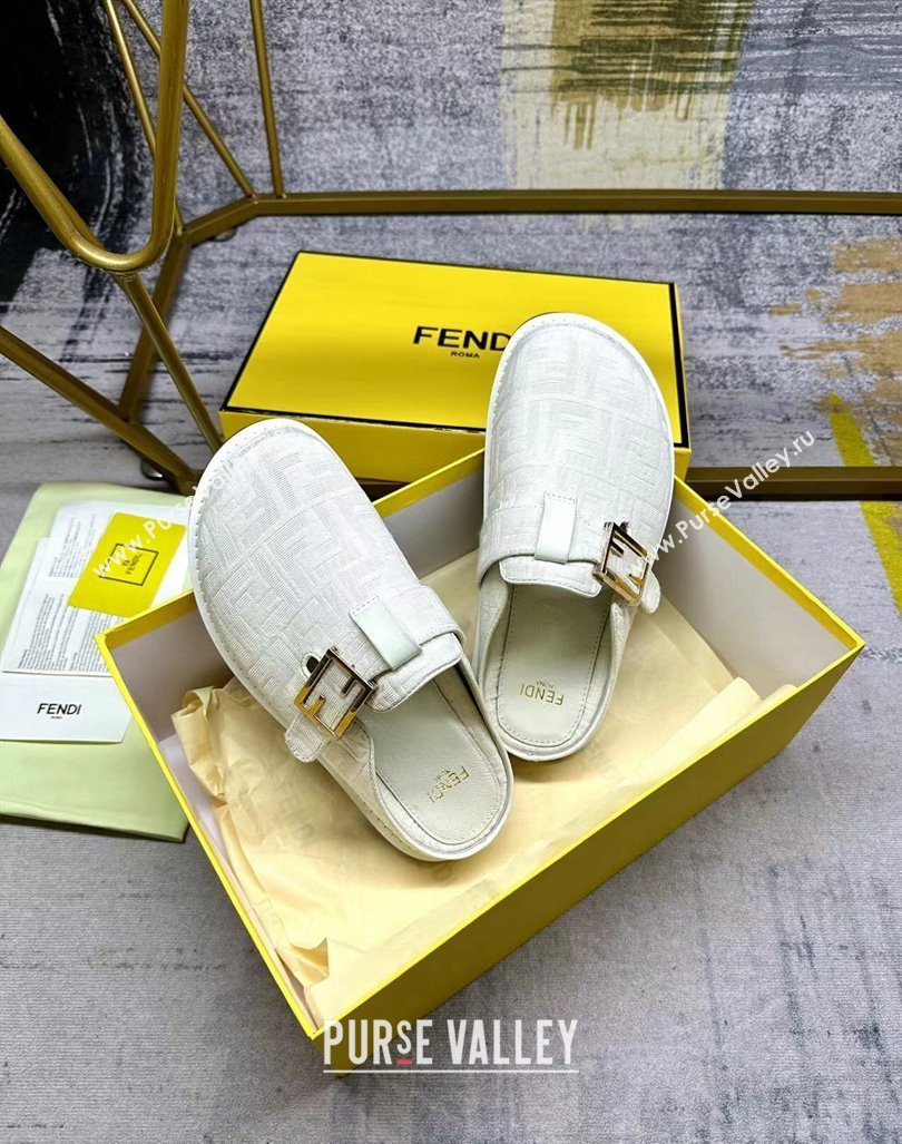 Fendi Feel Flat Mules in FF fabric with Baguette Strap White 2024 0813 (MD-240813133)