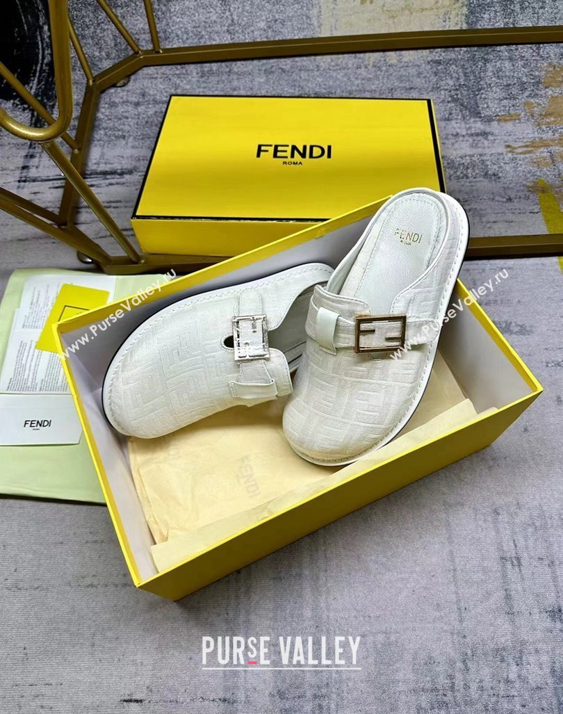 Fendi Feel Flat Mules in FF fabric with Baguette Strap White 2024 0813 (MD-240813133)