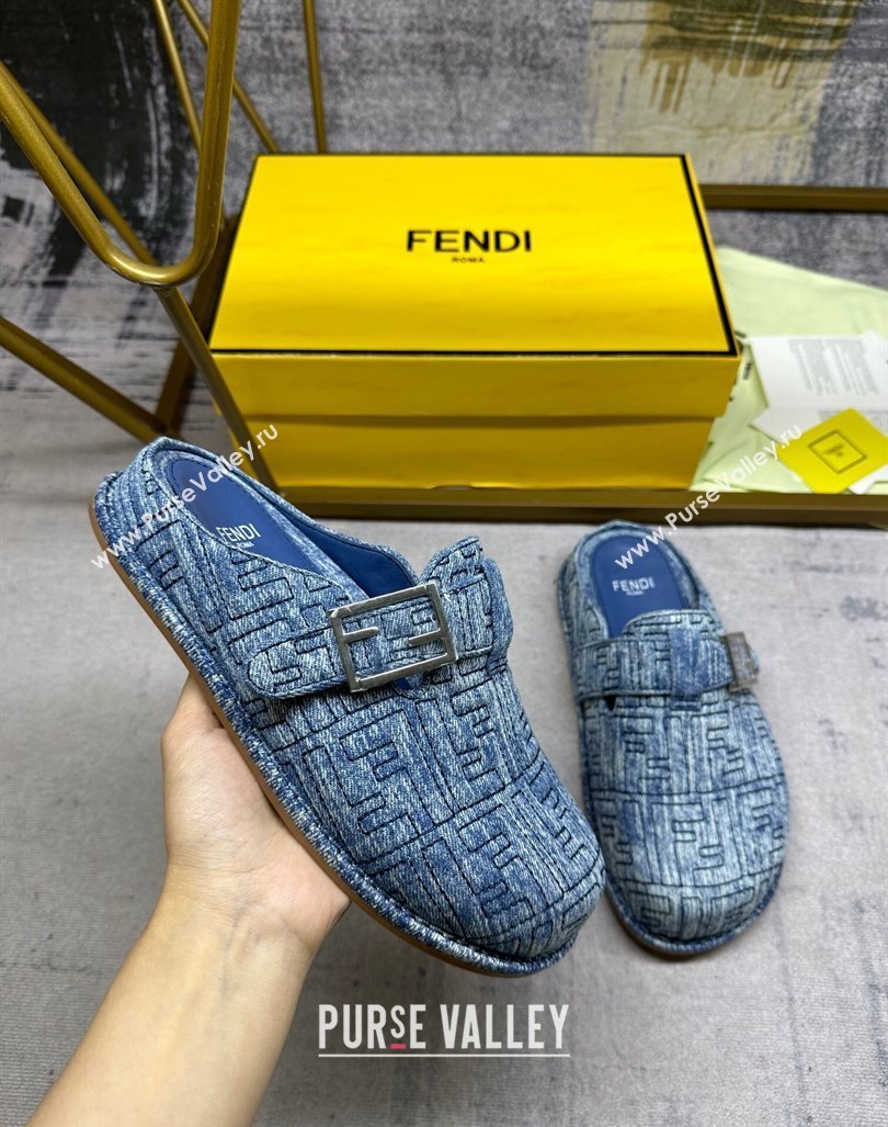 Fendi Feel Flat Mules in FF Denim with Baguette Strap Blue 2024 0813 (MD-240813134)