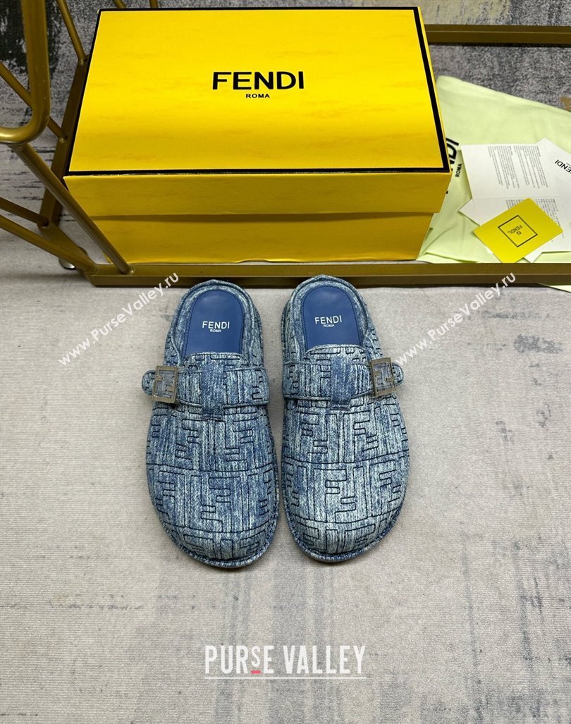 Fendi Feel Flat Mules in FF Denim with Baguette Strap Blue 2024 0813 (MD-240813134)