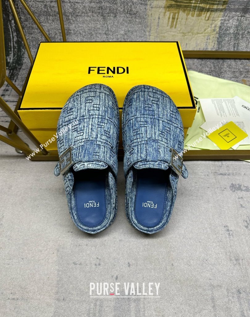 Fendi Feel Flat Mules in FF Denim with Baguette Strap Blue 2024 0813 (MD-240813134)