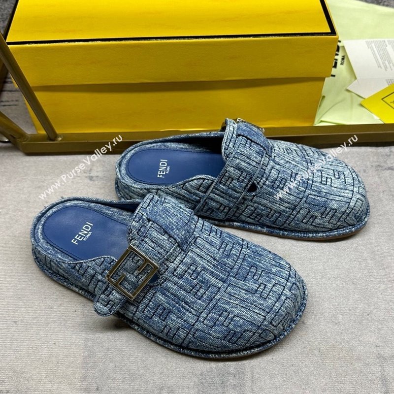 Fendi Feel Flat Mules in FF Denim with Baguette Strap Blue 2024 0813 (MD-240813134)