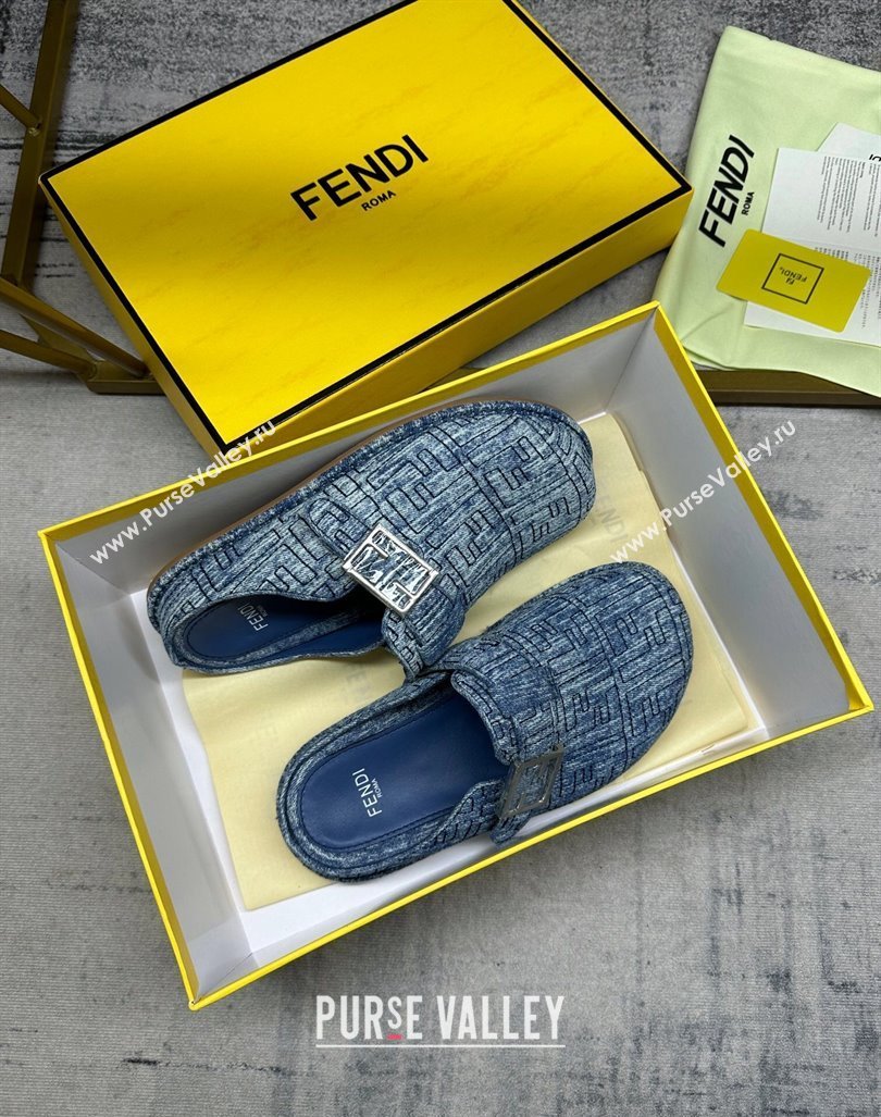 Fendi Feel Flat Mules in FF Denim with Baguette Strap Blue 2024 0813 (MD-240813134)