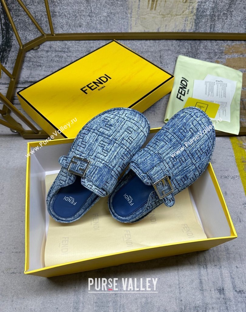 Fendi Feel Flat Mules in FF Denim with Baguette Strap Blue 2024 0813 (MD-240813134)