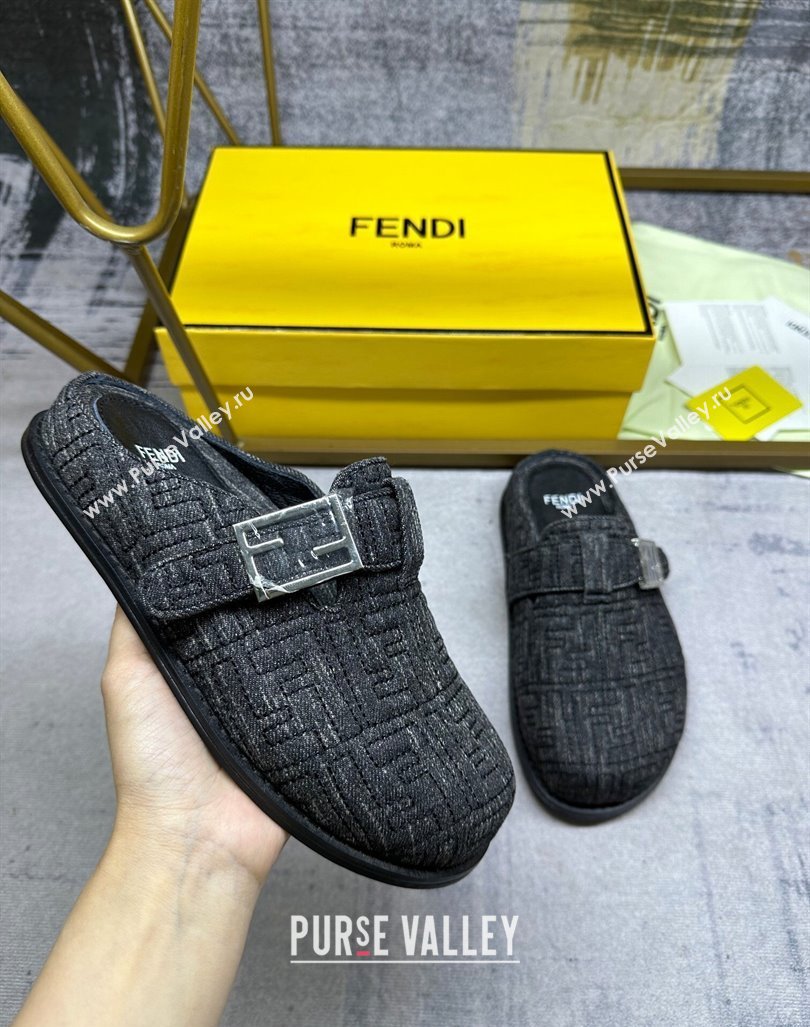 Fendi Feel Flat Mules in FF Denim with Baguette Strap Black 2024 0813 (MD-240813135)