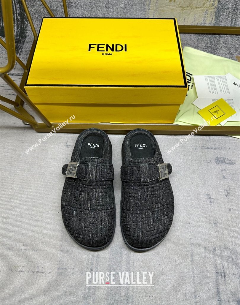 Fendi Feel Flat Mules in FF Denim with Baguette Strap Black 2024 0813 (MD-240813135)