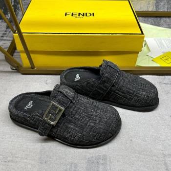 Fendi Feel Flat Mules in FF Denim with Baguette Strap Black 2024 0813 (MD-240813135)