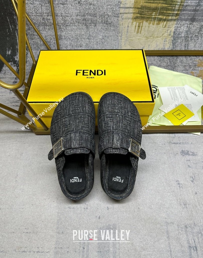 Fendi Feel Flat Mules in FF Denim with Baguette Strap Black 2024 0813 (MD-240813135)