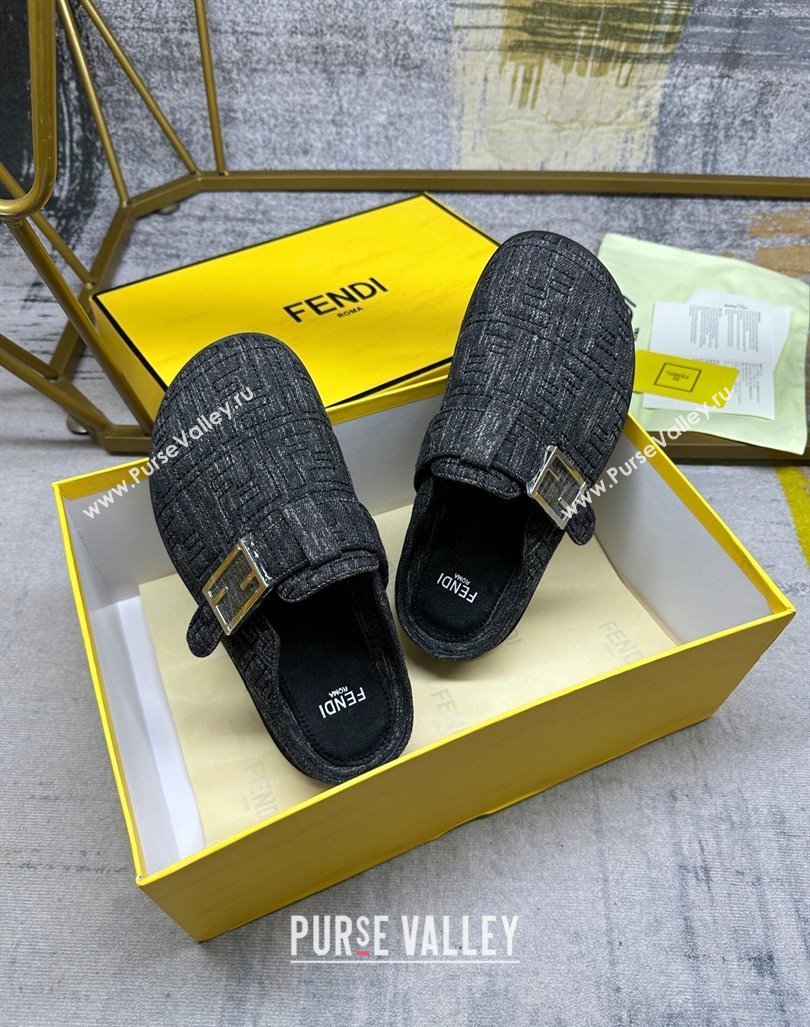 Fendi Feel Flat Mules in FF Denim with Baguette Strap Black 2024 0813 (MD-240813135)