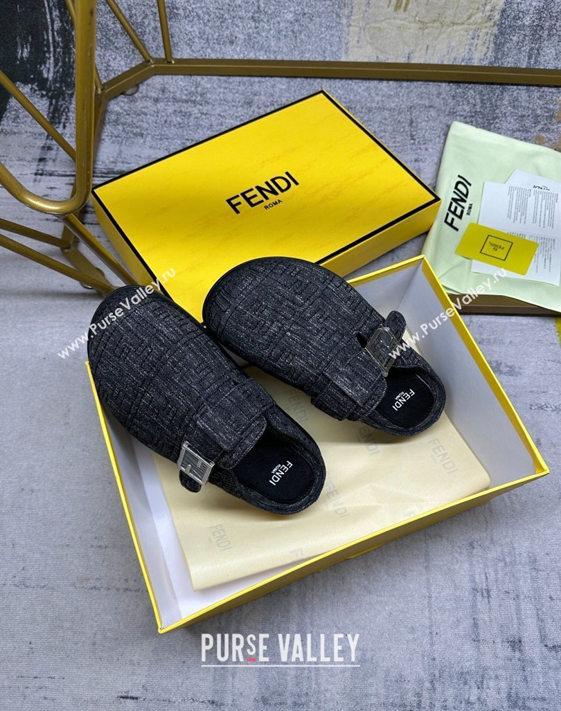 Fendi Feel Flat Mules in FF Denim with Baguette Strap Black 2024 0813 (MD-240813135)