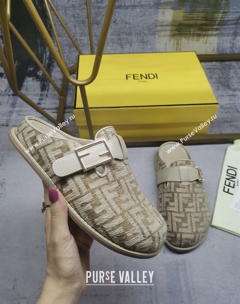 Fendi Feel Flat Mules in FF chenille fabric with Baguette Strap Dove Grey 2024 0813 (MD-240813136)