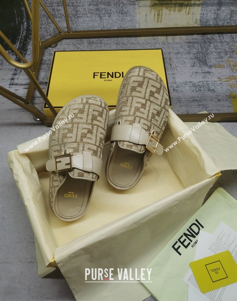 Fendi Feel Flat Mules in FF chenille fabric with Baguette Strap Dove Grey 2024 0813 (MD-240813136)