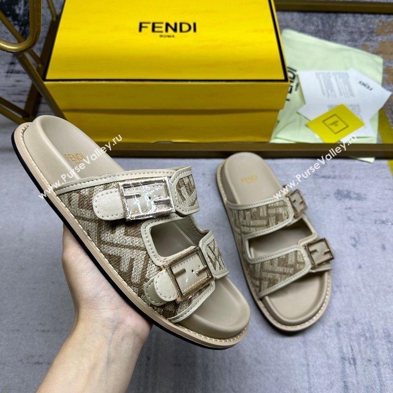 Fendi Feel Flat Slides Sandal in FF chenille Fabric with Baguette Strap Dove Grey 2024 0813 (MD-240813137)