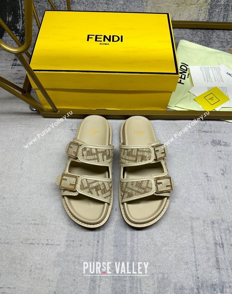 Fendi Feel Flat Slides Sandal in FF chenille Fabric with Baguette Strap Dove Grey 2024 0813 (MD-240813137)