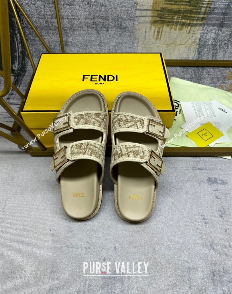 Fendi Feel Flat Slides Sandal in FF chenille Fabric with Baguette Strap Dove Grey 2024 0813 (MD-240813137)