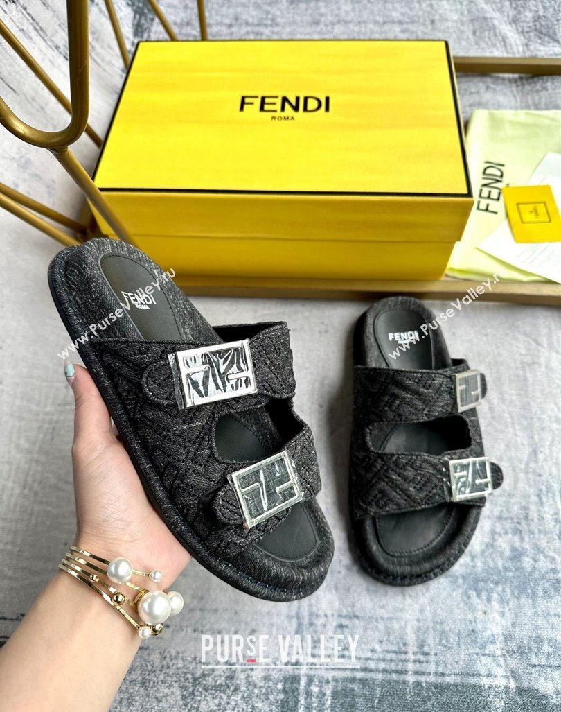 Fendi Feel Flat Slides Sandal in FF Denim with Baguette Buckle Black 2024 0813 (MD-240813138)