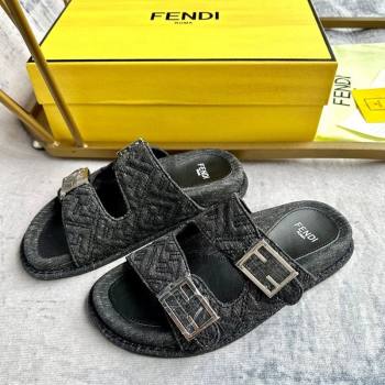 Fendi Feel Flat Slides Sandal in FF Denim with Baguette Buckle Black 2024 0813 (MD-240813138)