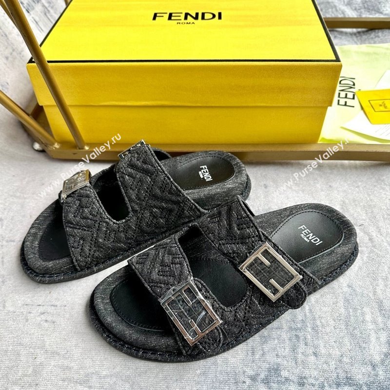 Fendi Feel Flat Slides Sandal in FF Denim with Baguette Buckle Black 2024 0813 (MD-240813138)