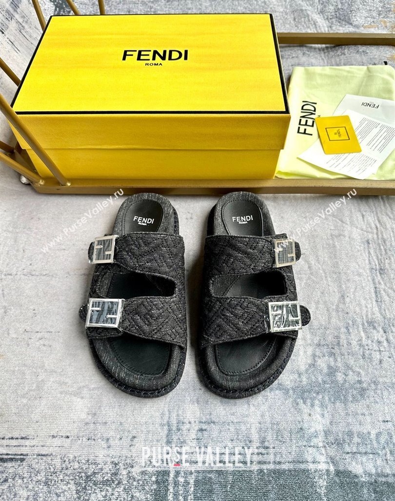 Fendi Feel Flat Slides Sandal in FF Denim with Baguette Buckle Black 2024 0813 (MD-240813138)