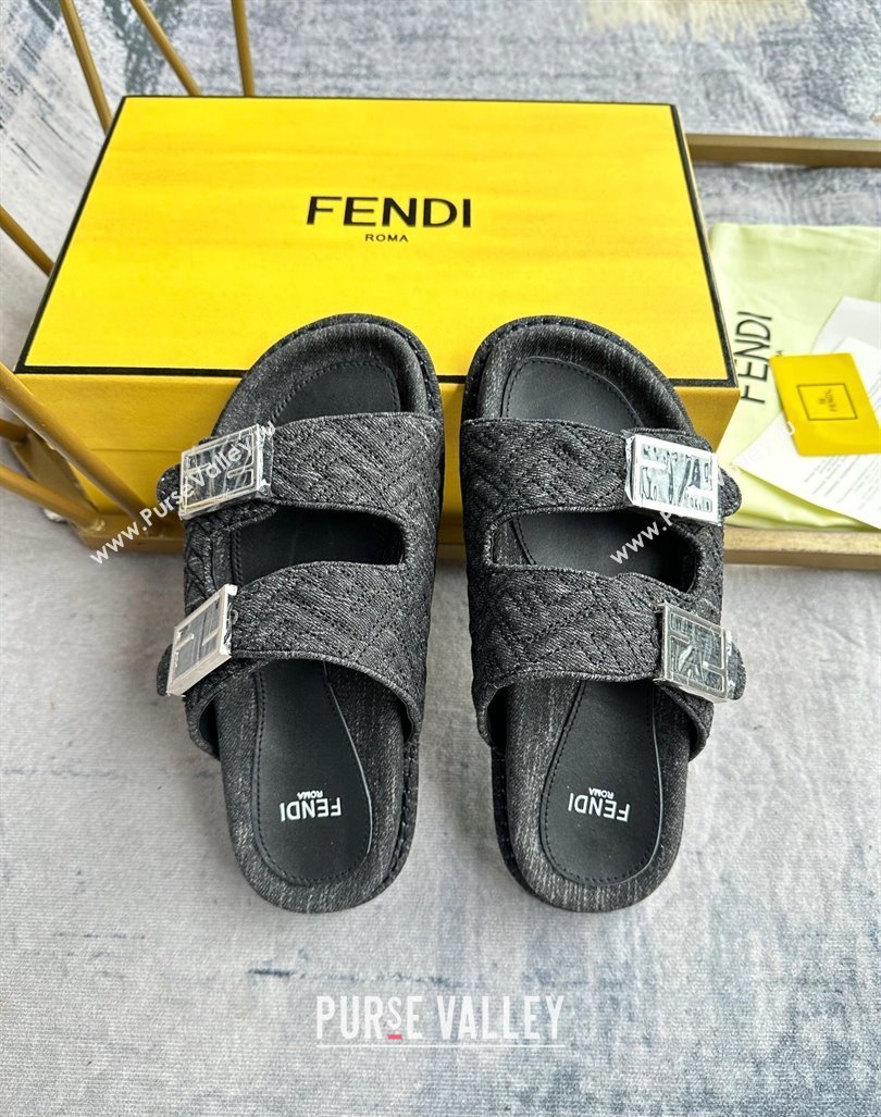 Fendi Feel Flat Slides Sandal in FF Denim with Baguette Buckle Black 2024 0813 (MD-240813138)