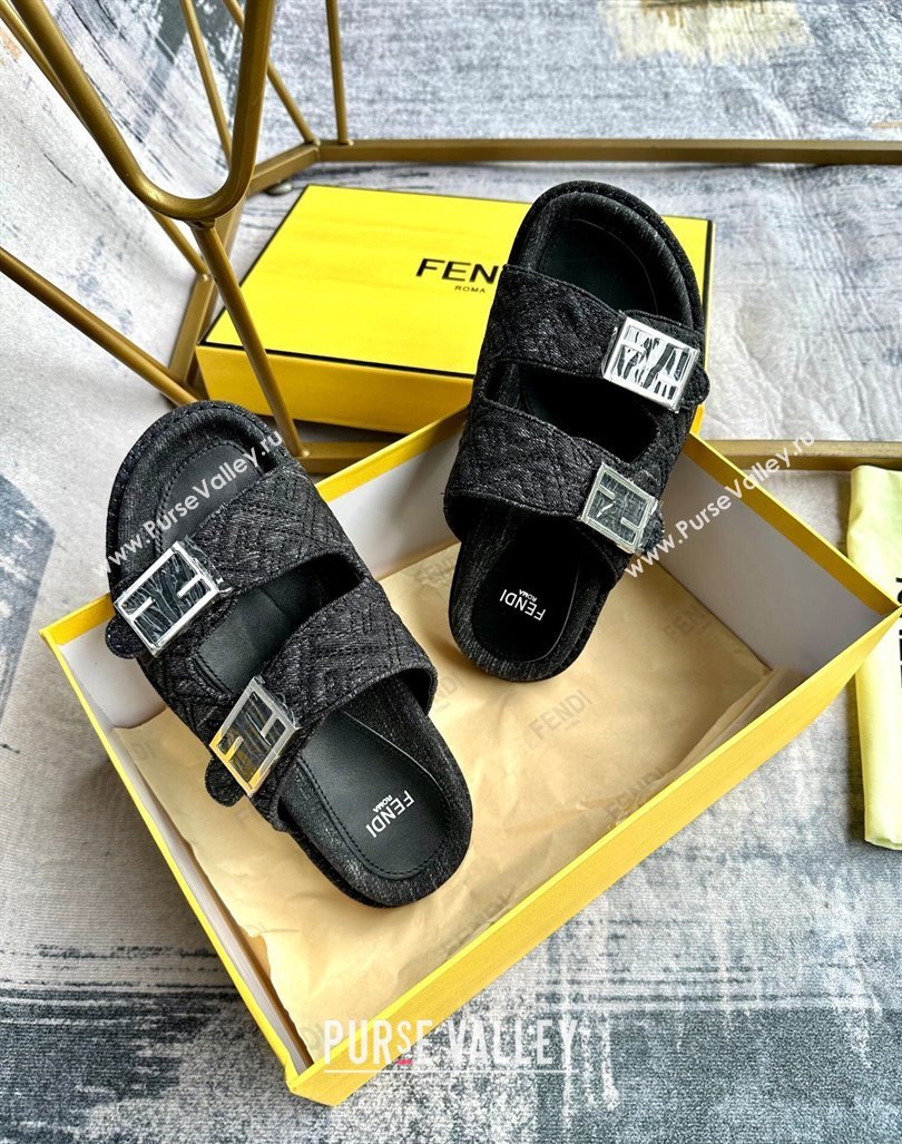 Fendi Feel Flat Slides Sandal in FF Denim with Baguette Buckle Black 2024 0813 (MD-240813138)