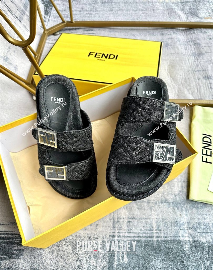 Fendi Feel Flat Slides Sandal in FF Denim with Baguette Buckle Black 2024 0813 (MD-240813138)