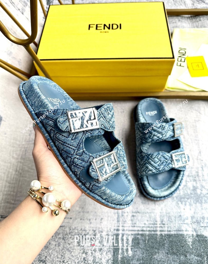 Fendi Feel Flat Slides Sandal in FF Denim with Baguette Buckle Light Blue 2024 0813 (MD-240813139)