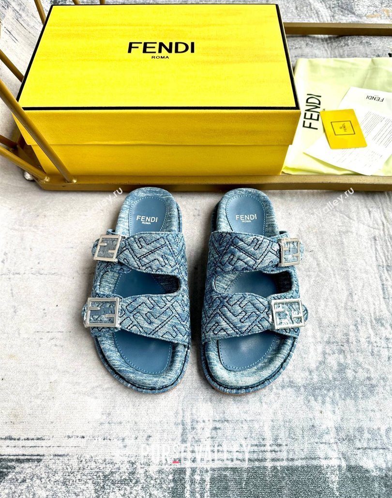 Fendi Feel Flat Slides Sandal in FF Denim with Baguette Buckle Light Blue 2024 0813 (MD-240813139)