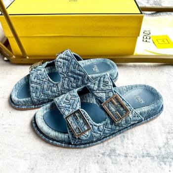 Fendi Feel Flat Slides Sandal in FF Denim with Baguette Buckle Light Blue 2024 0813 (MD-240813139)