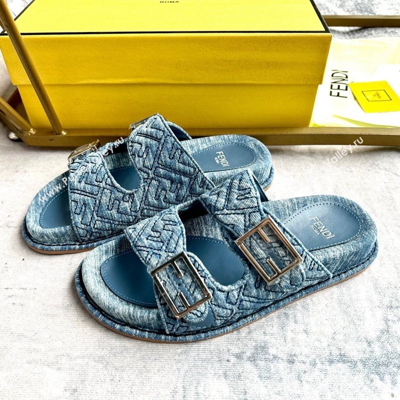 Fendi Feel Flat Slides Sandal in FF Denim with Baguette Buckle Light Blue 2024 0813 (MD-240813139)