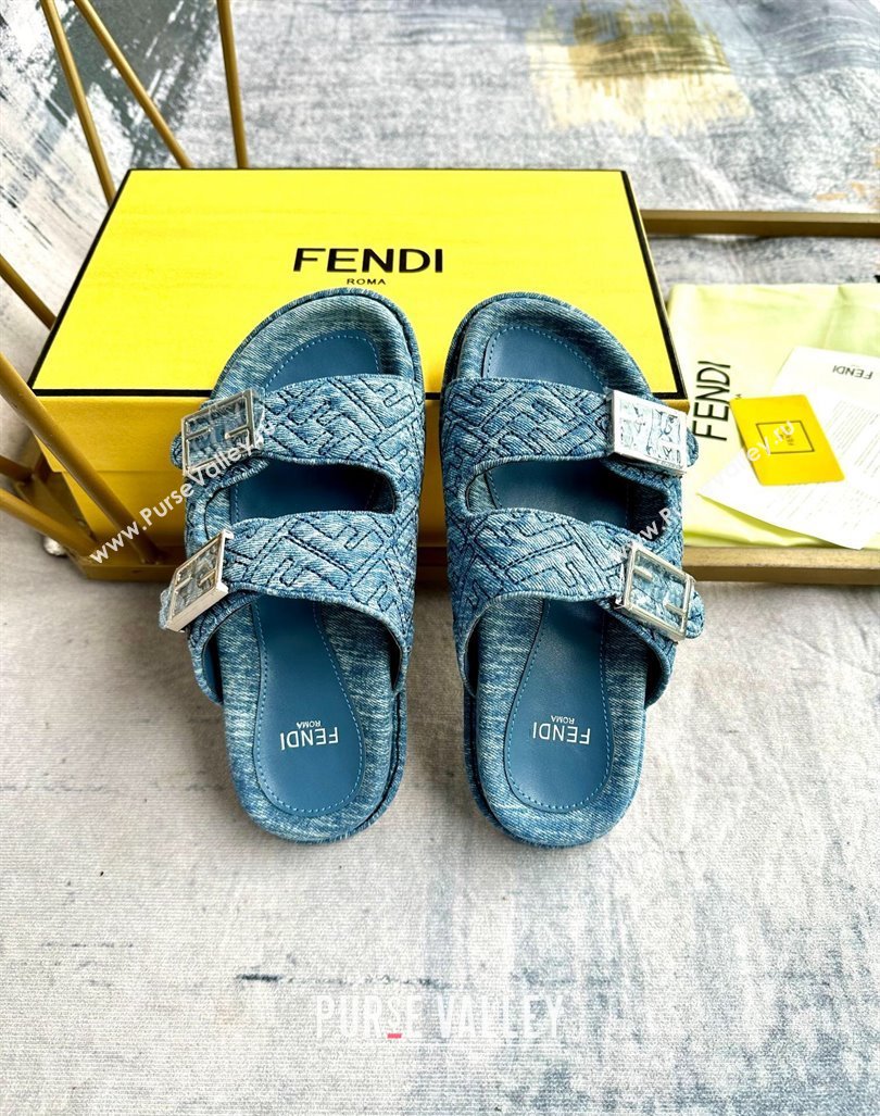 Fendi Feel Flat Slides Sandal in FF Denim with Baguette Buckle Light Blue 2024 0813 (MD-240813139)