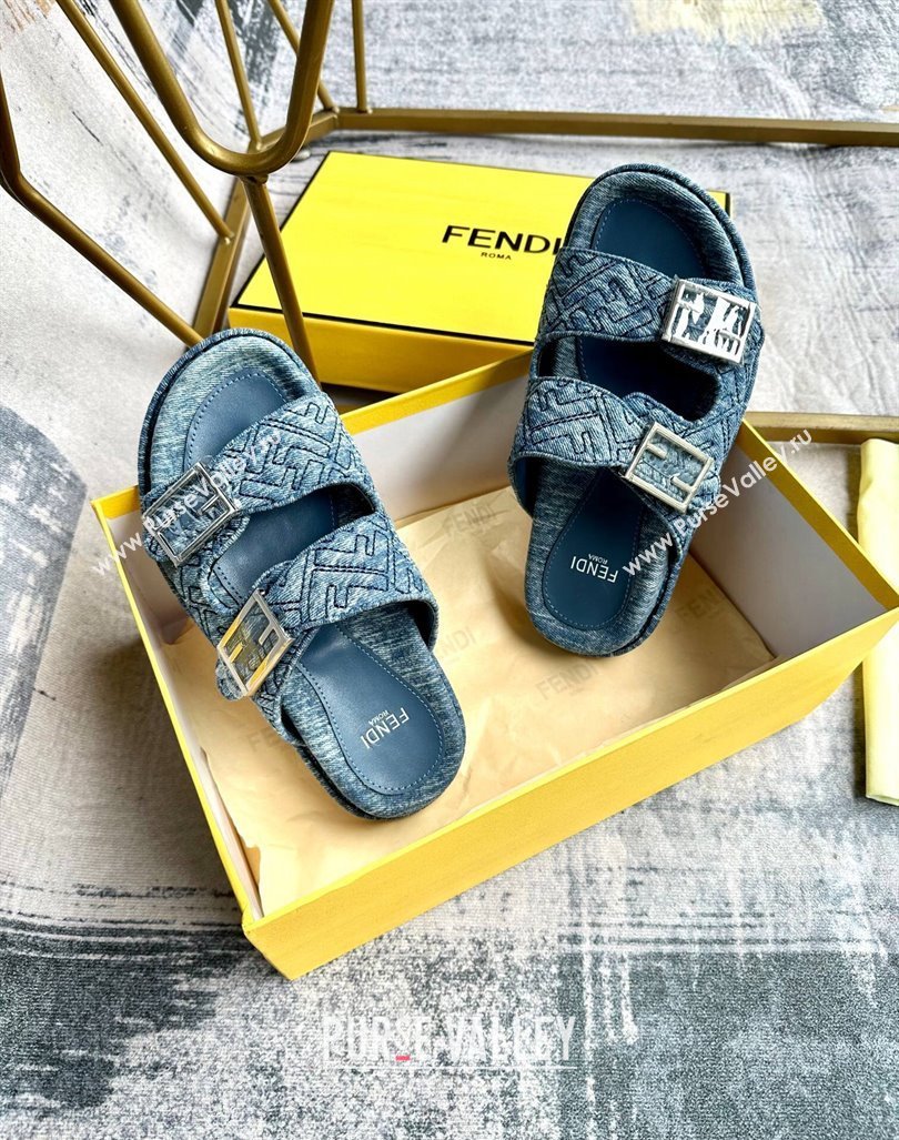 Fendi Feel Flat Slides Sandal in FF Denim with Baguette Buckle Light Blue 2024 0813 (MD-240813139)