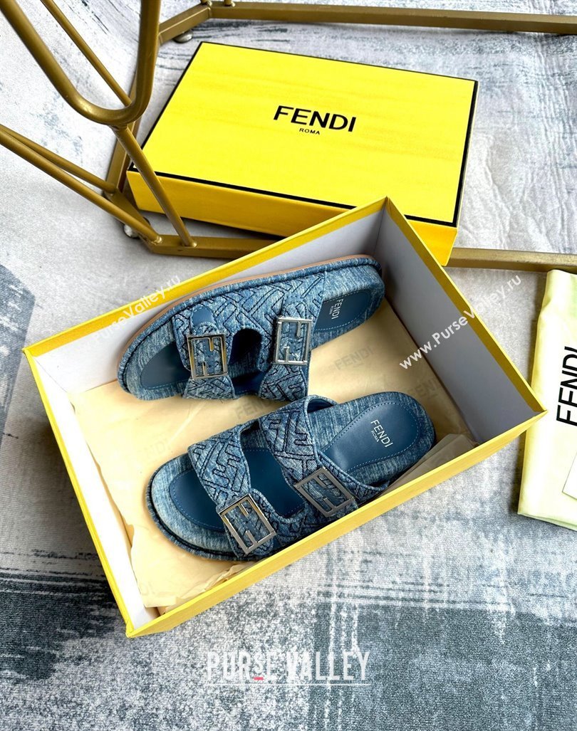 Fendi Feel Flat Slides Sandal in FF Denim with Baguette Buckle Light Blue 2024 0813 (MD-240813139)