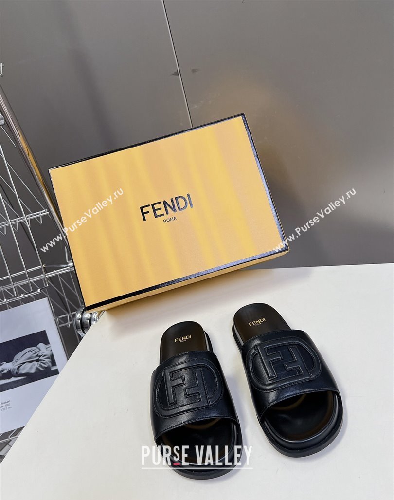 Fendi Leather Flat Slides Sandal with FF Circle Black 2024 0813 (MD-240813119)