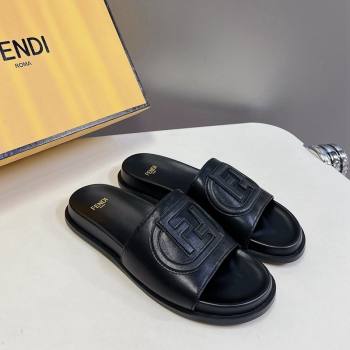 Fendi Leather Flat Slides Sandal with FF Circle Black 2024 0813 (MD-240813119)