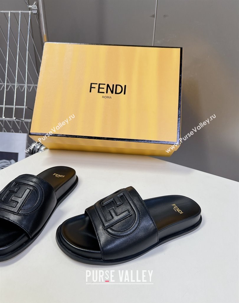 Fendi Leather Flat Slides Sandal with FF Circle Black 2024 0813 (MD-240813119)