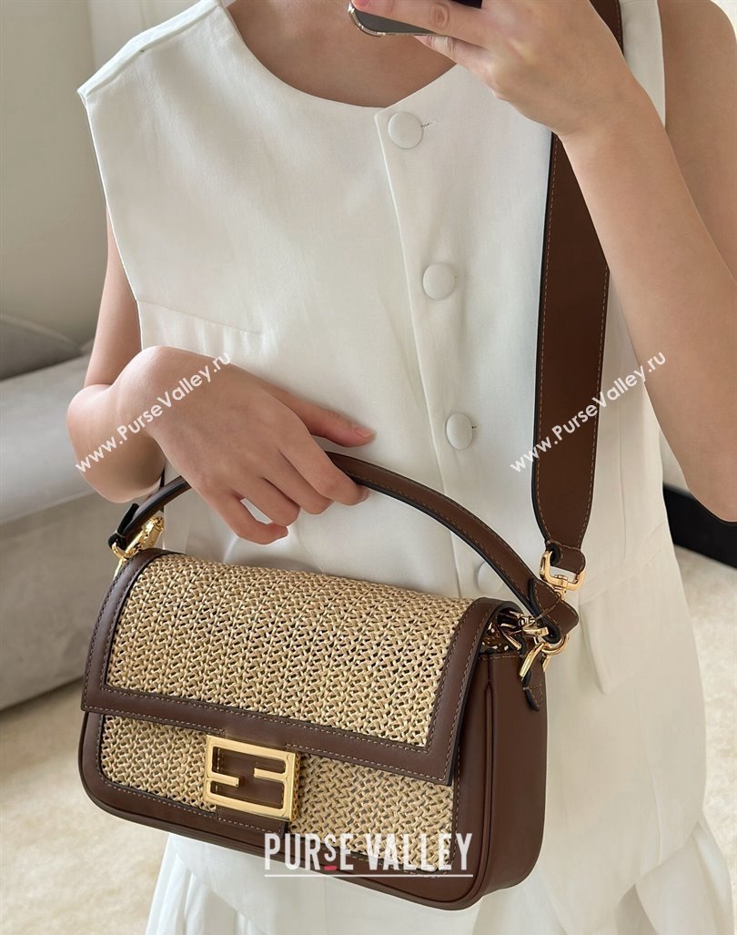 Fendi Baguette Medium bag in Raffia Straw and Brown Leather 2024 8666L (CL-240827102)