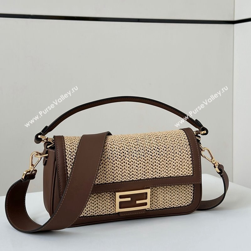 Fendi Baguette Medium bag in Raffia Straw and Brown Leather 2024 8666L (CL-240827102)