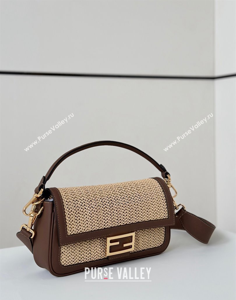 Fendi Baguette Medium bag in Raffia Straw and Brown Leather 2024 8666L (CL-240827102)